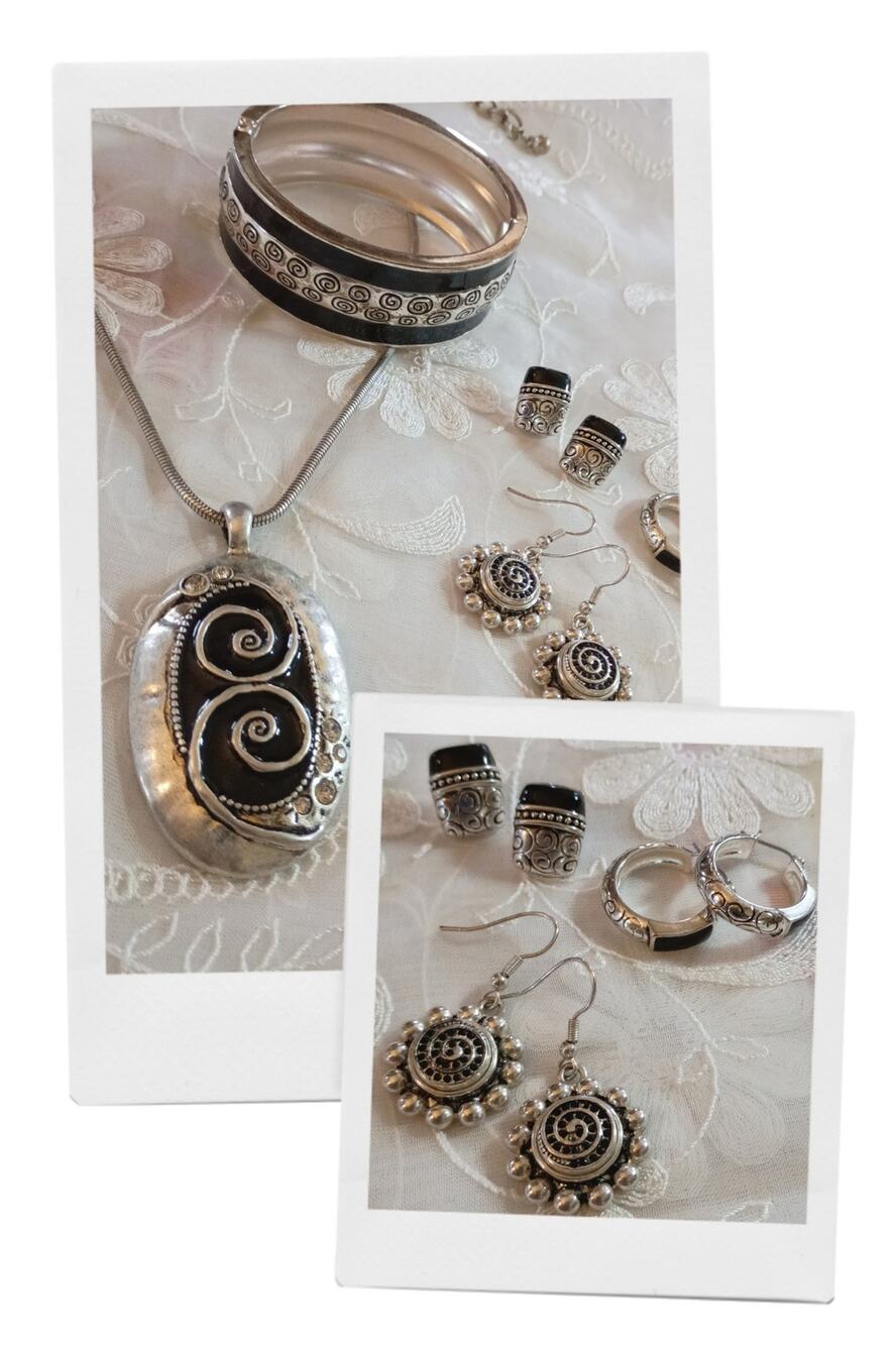Whimsical Black & Silver Jewelry Lot – Necklace, Bracelet & 3 Pairs of Earrings